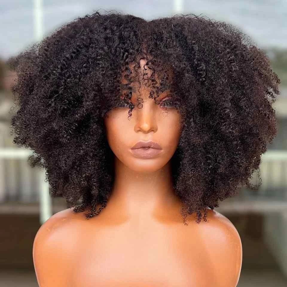 Orange Ginger Short Kinky Curly Wig with Bang Afro Curly Wig Human Hair No Lace Wigs With Bangs Honey Blonde Wig for Women