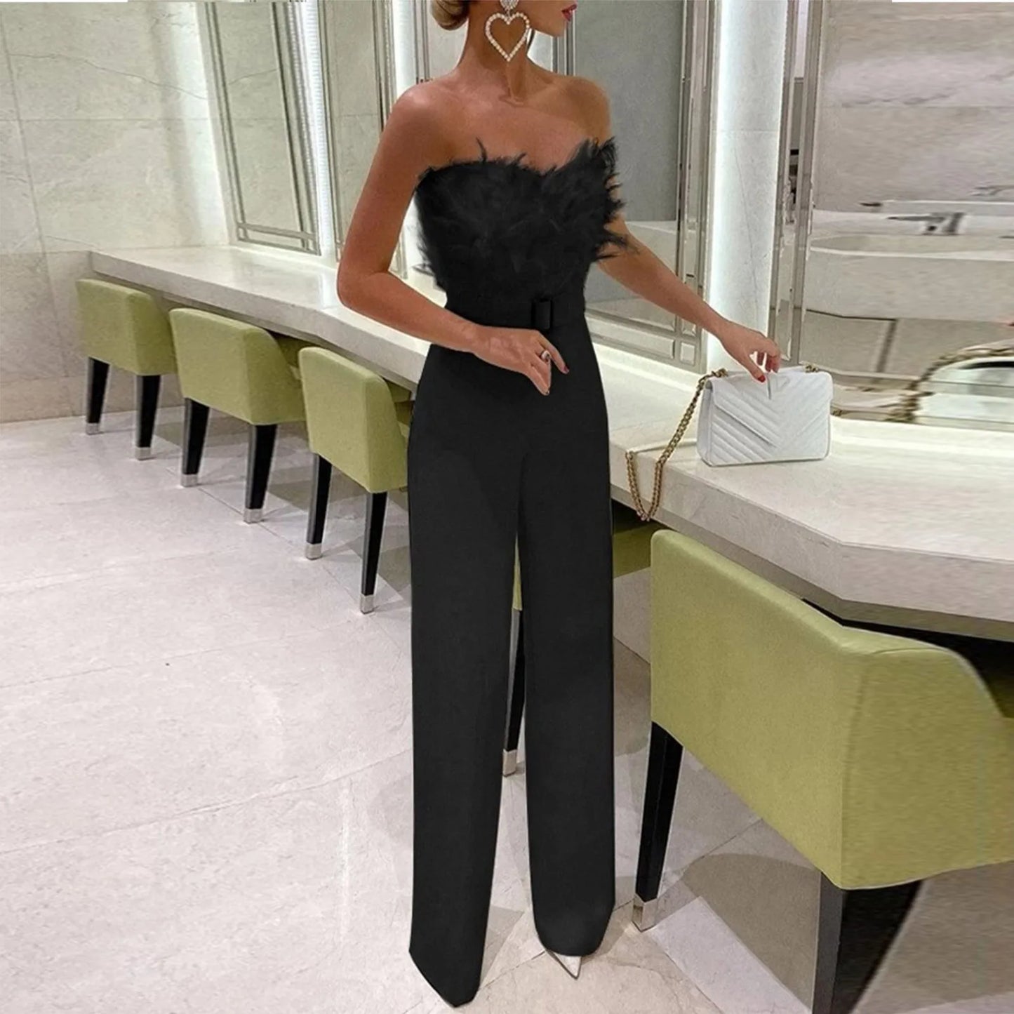 Women Jumpsuit Feather Tube Top Sexy Evening Party Jump Suits Sleeveless High-waisted Straight Playsuits Night Clubwear Overalls