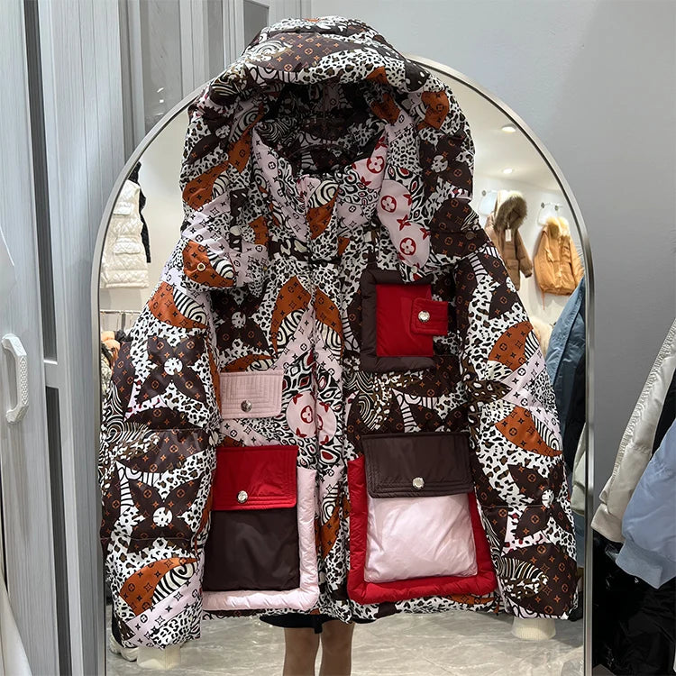 2023 European Station Winter New Down Jacket Women's Warm Fashion Short Color Patchwork Graffiti thick White Duck Down Coa
