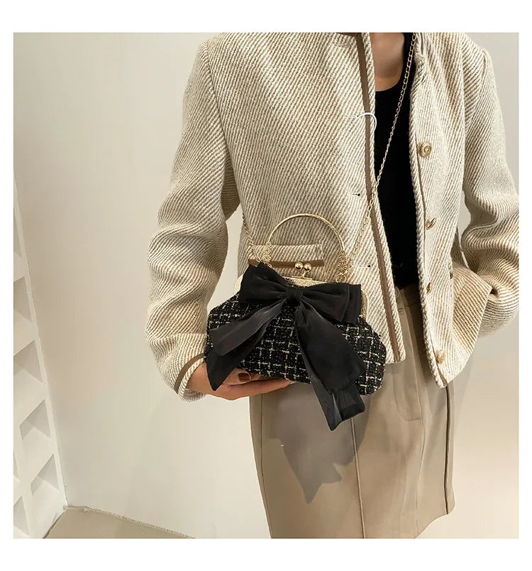 Glittering Chain Plaid Pattern Evening Bag For Women Bow Decor Shoulder Bag, Fashionable Elegant Clutch, Women‘s Crossbody Bag