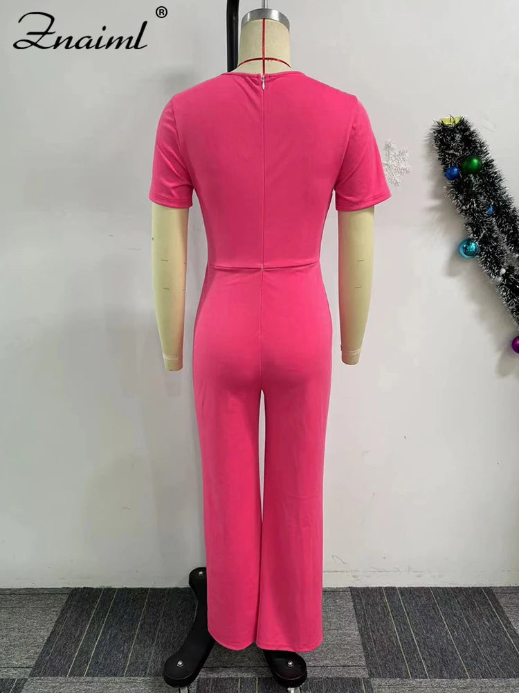 Znaiml Women Elegant Long Jumpsuits for Party Summer Short Sleeve Buttons Solid Color Wide Leg Pants Rompers One Pieces Overalls