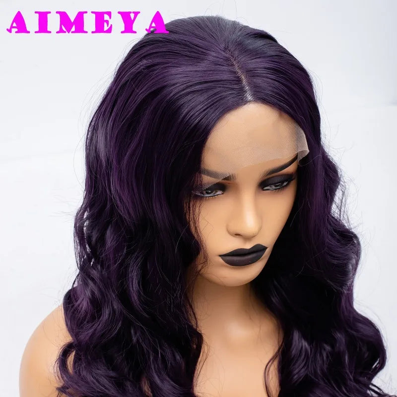 AIMEYA Dark Purple Wig Long Silky Straight Synthetic Lace Front Wig Natural Hairline Daily Wear Cosplay Purple Lace Front Wig