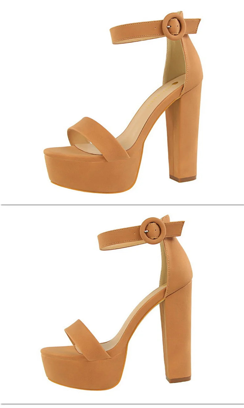 Fashion Women Pumps Sandals Summer Platform Belt Buckle Strap PU Square Heel Outdoor Korean Style Black Open Toe Grace 1550-1