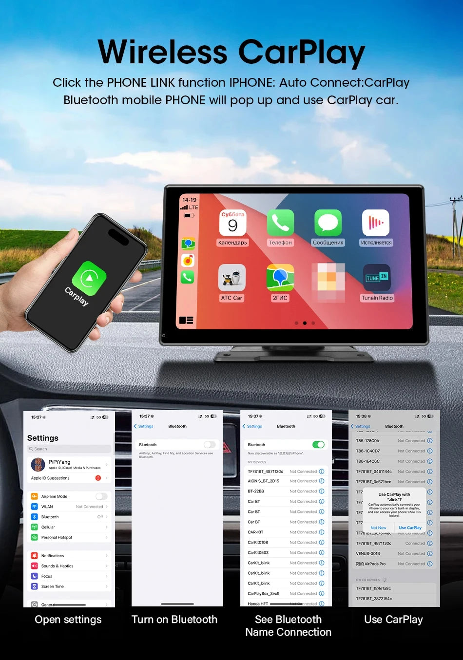Srunbi 9 Inch Carplay MP5 Portable Smart Player Monitor Wireless Android Auto&Carplay Dual Bluetooth Music AUX USB BT 5.0 IPS