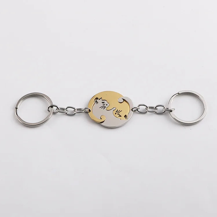 Cute Cat Keychain Stainless Steel Key ring Couple Lover Animal Matching Keyring Pendants Valentine's Day Gift