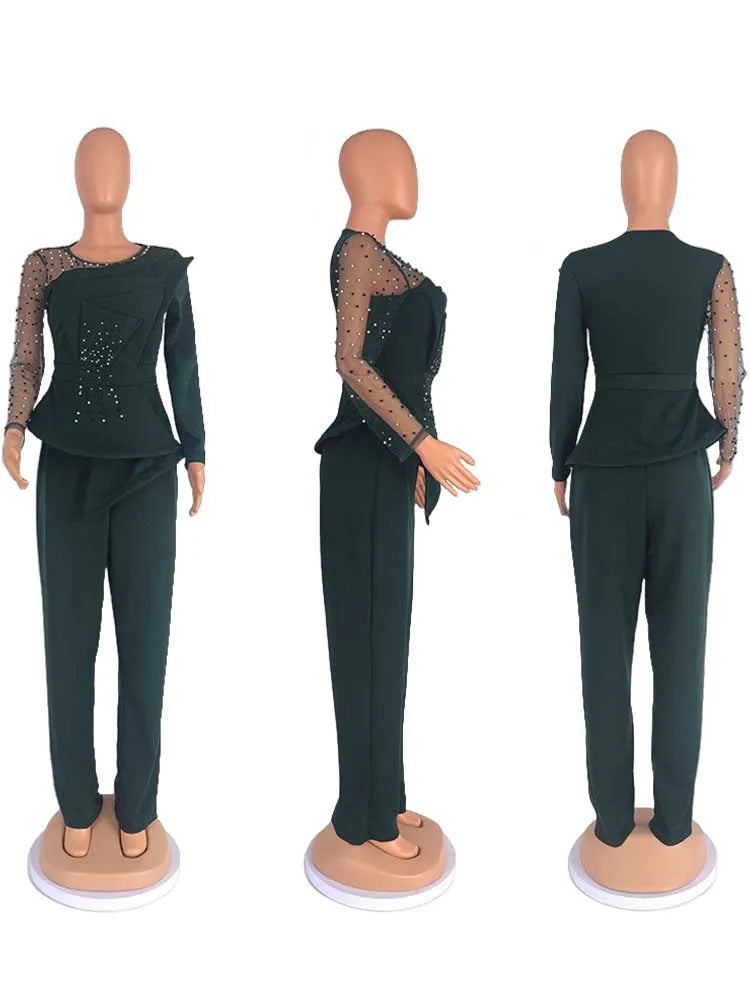 Spring 2 Pieces Set for Woman Pearl Top with Sleeves Pants Suit Women Outfit Elegant Classy Evening Wholesale Dropshipping