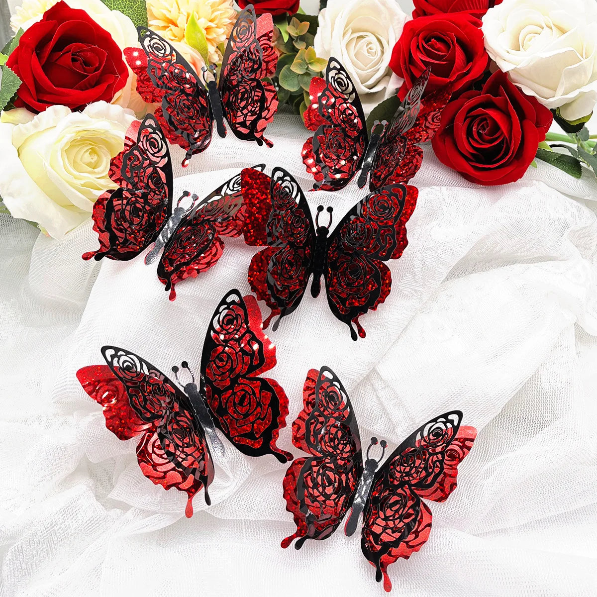 6pcs/set 3d Double Layer Butterfly Valentine's Day Decorative Wall Stickers Glitter Gold Butterfly Decorative Stickers