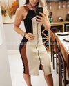 Women's Dress 2024 Elegant Commuting Sleeveless Contrast Colored Panel Zipper Sexy High Waisted Mid Length Dress
