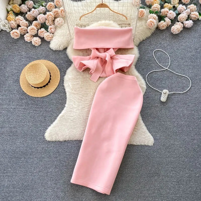 Women Vintage Two Pieces Skirt Sets Women Long Sleeve Sexy Slash Neck Bandage Ruffle Blouse Top and High Waist  Hip Wrap Skirt