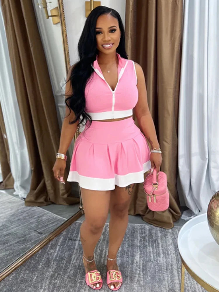 Beyprern Cute Girls Zipper Front Crop Top And Ruffles Skirt Set Summer Tracksuits Set Two Piece Dress Sporty Tennis Active Set