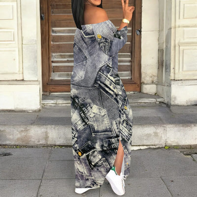 Denim Retro Print Long Sleeve Slim Fit Elegant Casual Slit One-Shoulder Neck Dress