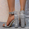 Liyke 2025 New Fashion Glitter Sequined Ankle Strap Square High Heels Gladiator Sandals Women Summer Open Toe Wedding Prom Shoes
