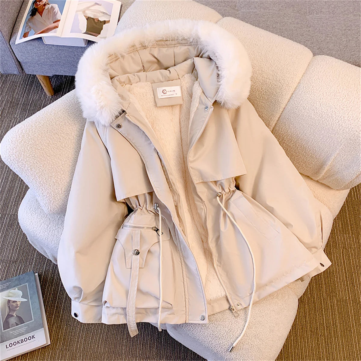 Women Autumn Winter Fashion Coats Korean Hooded Drawstring Padded Jackets Solid Female Casual Street Outfit Coat Zip Up Parkas