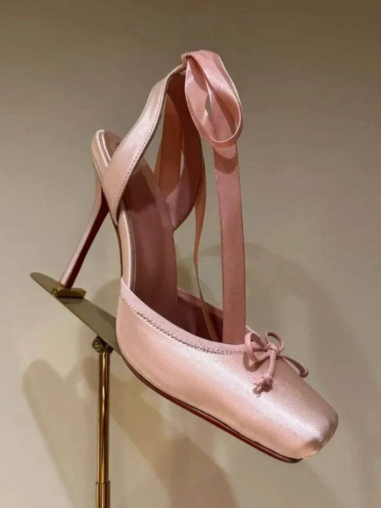Ladies' New Summer Square Satin High-heeled Sandals with Ankle Straps, Fashionable Party and Banquet Ballet High-heeled Shoes
