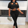 Joskaa Elegant 2 Piece Set Women Sexy Hollow Pin Short Sleeve Crop Tops and Pencil Pants Matching 2025 Summer Party Club Outfits