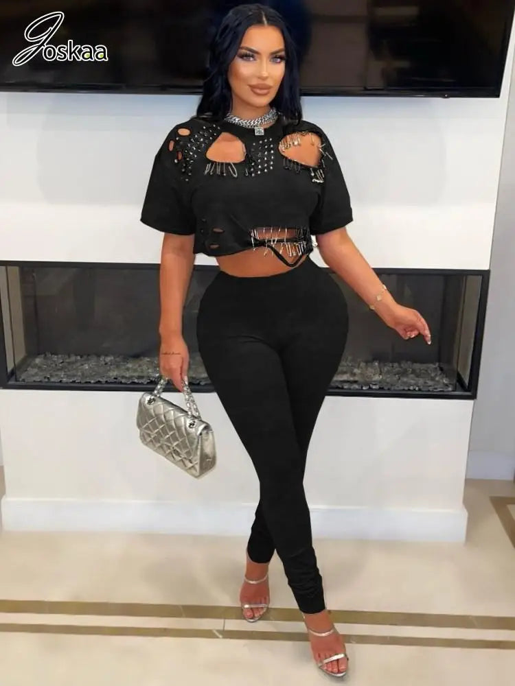 Joskaa Elegant 2 Piece Set Women Sexy Hollow Pin Short Sleeve Crop Tops and Pencil Pants Matching 2025 Summer Party Club Outfits