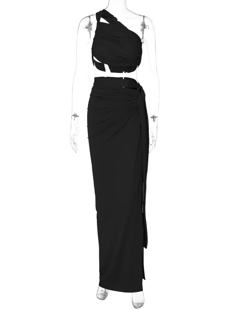Ladies Spring 2 Pieces Sleeveless Backless Strap Spit Crop Top Side Slit Slim Fit Maxi Skirt Set Women Evening Party Clubwear