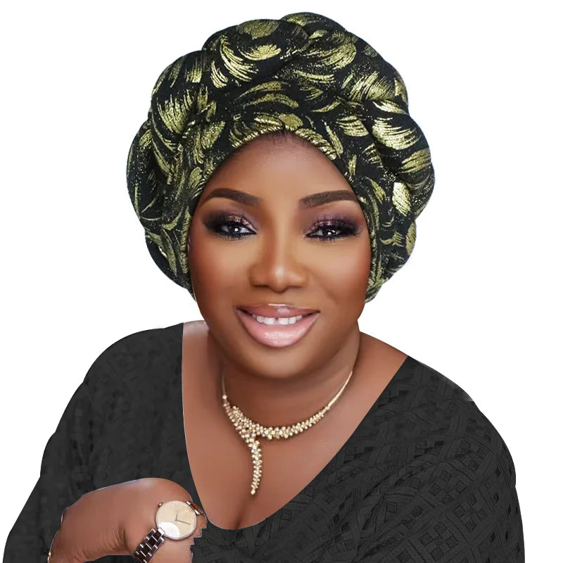 Gold Stamping Fabric Turban Cap for Women Braids Headwrap Bonnet Lady Head Cover Muslim Hat African Female Headgear