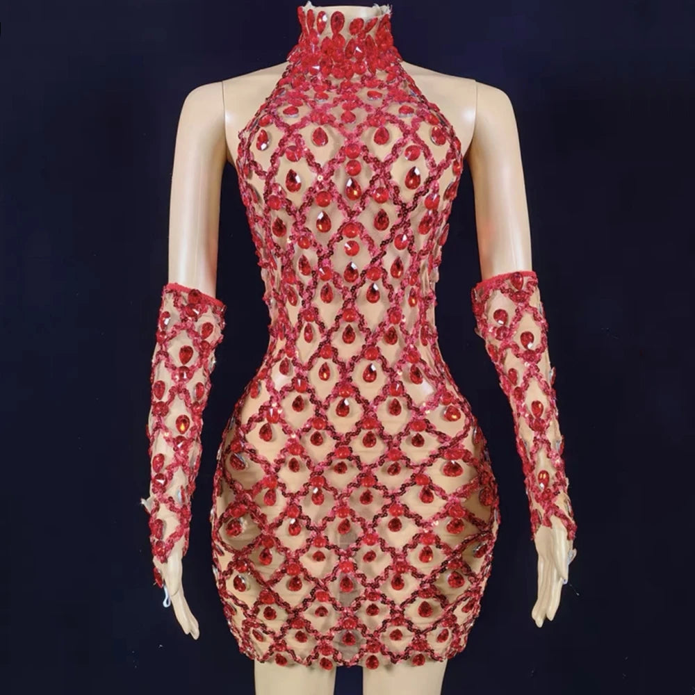 High Quality Sparkling Rainestone Sexy Bodycon Mini Dress Birthday Celebrate Evening Party Dress