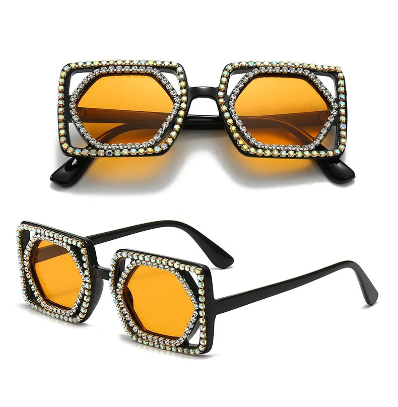 Square Luxury Diamonds Sunglasses Women Punk Fashion Rhinestone Sun Glasses Female Shiny Sexy Yellow Lens Eyewear Shade Handmade