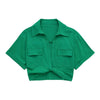 Women Fashion Front Knot Elastic Linen Cropped Shirts Vintage Short Sleeve Patch Pockets Female Blouses Blusa Chic Tops