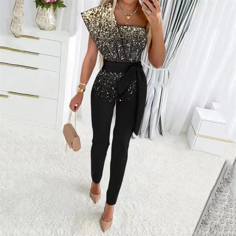 Fashion Sequins Decoration One Shoulder Backless Jumpsuit Women Female Slim Fit Stretch Lace-up High Waist  Back Zipper Rompers