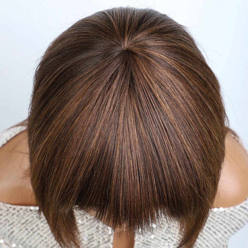 Lekker 12" Short Brown Wolf Cut Straight Bob Human Hair Wigs With Bangs For Women Brazilian Remy Hair Ready to Wear Glueless Wig