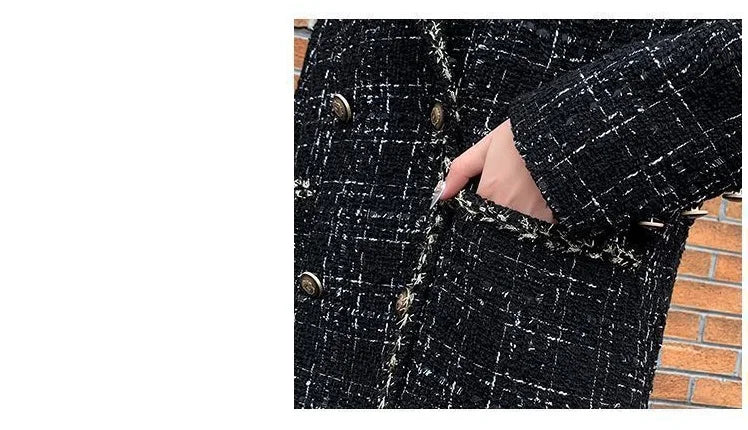 Tweed Plaid Suit Jacket Women Outwear Loose Mid-Length Double-Breasted Casual Woolen Blazer Top 2024 Spring Autumn New Chic Suit
