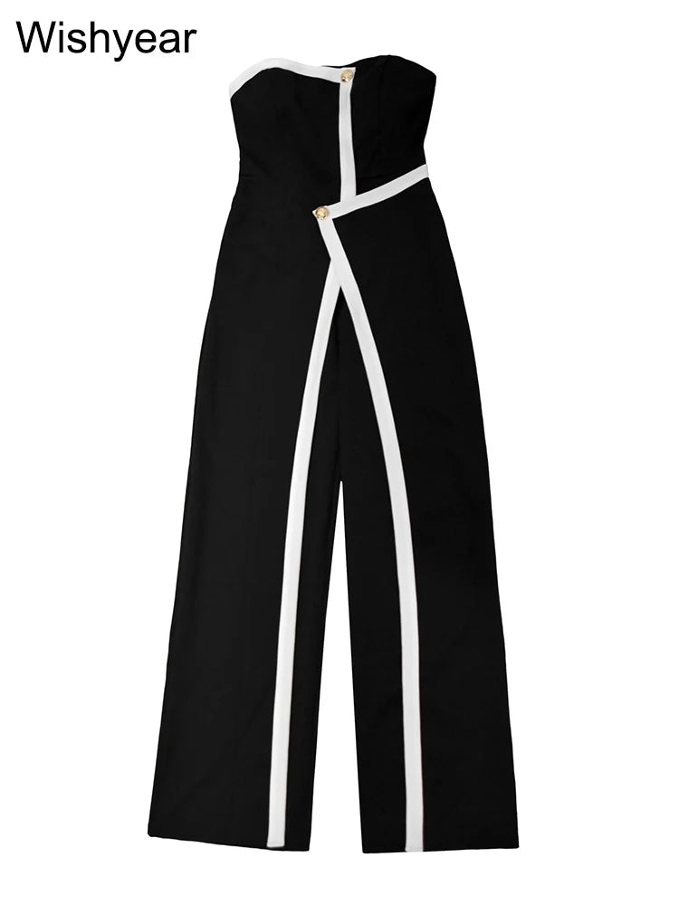 Wishyear Irregular Off Shoulder Sleeveless Strapless Jumpsuits Women Button Patchwork Wide Leg Pants Evening One Piece Outfits