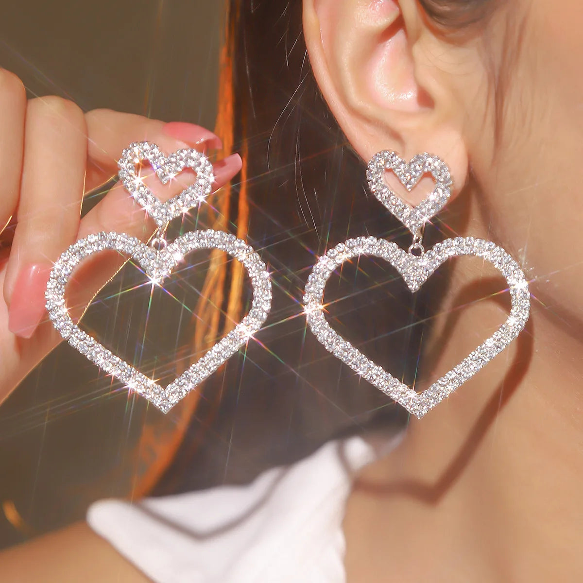 FYUAN Pink Black Heart Rhinestone Drop Earrings for Women Geometric Crystal Dangle Earrings Party Jewelry