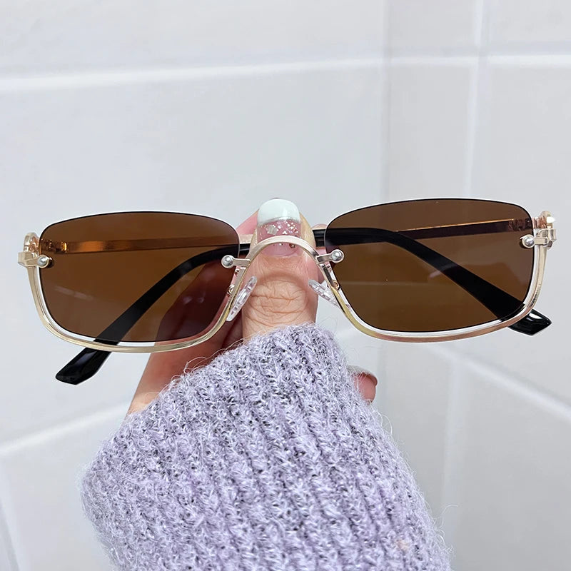 Half Frame Square Sunglasses for women Luxury Brand Small Metal Retro Rectangle Black Sun Glasses Woman Fashion Eyewear