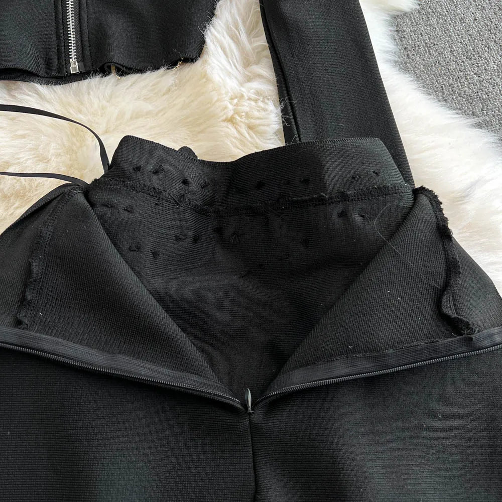 Faionable Diamond Embellied Wrap Skirt Set ort Top Long Dr Slimming High Collar Long Sve Zipper Two Piece Set