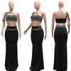 Luxury Celebrities Evening Club Outfit for Women Sexy Black Single Shoulder Diamonds Long Skirts and Crop Tops Two 2 Pieces Suit