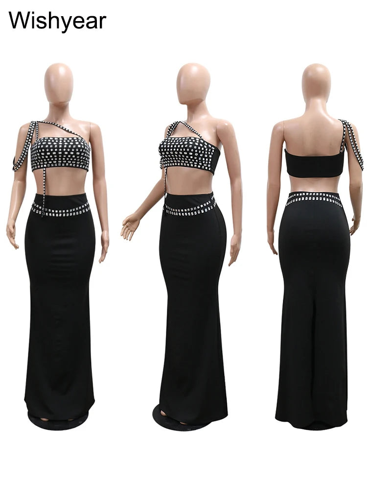 Luxury Celebrities Evening Club Outfit for Women Sexy Black Single Shoulder Diamonds Long Skirts and Crop Tops Two 2 Pieces Suit