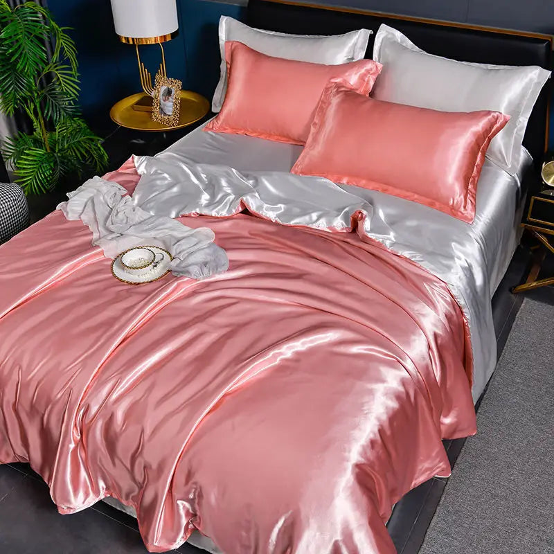 Nordic Satin Silk Bedding Set with Duvet Cover Bed Sheet Pillowcases Luxury Solid Single Double Couple Pillow Case Bedsheet
