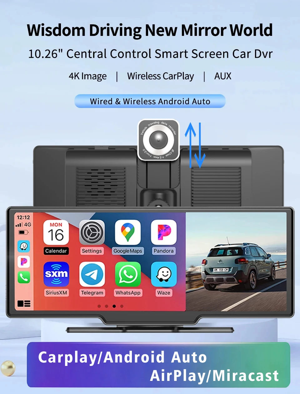 10.26“  Dash Cam 4K 3840*2160P Car Dvr Carplay Android Auto GPS 5G WIFI  Stream RearView Mirror Dashcam Camera Drive Recorder FM
