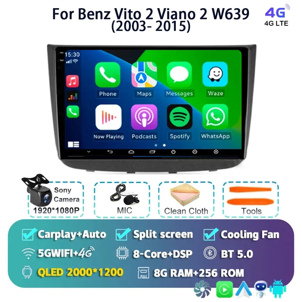 Android 14 For Benz Vito 2 Viano 2 W639 2003- 2015 2K QLED Android Car Radio Multimedia Video Player BT Stereo CarPlay Head Unit