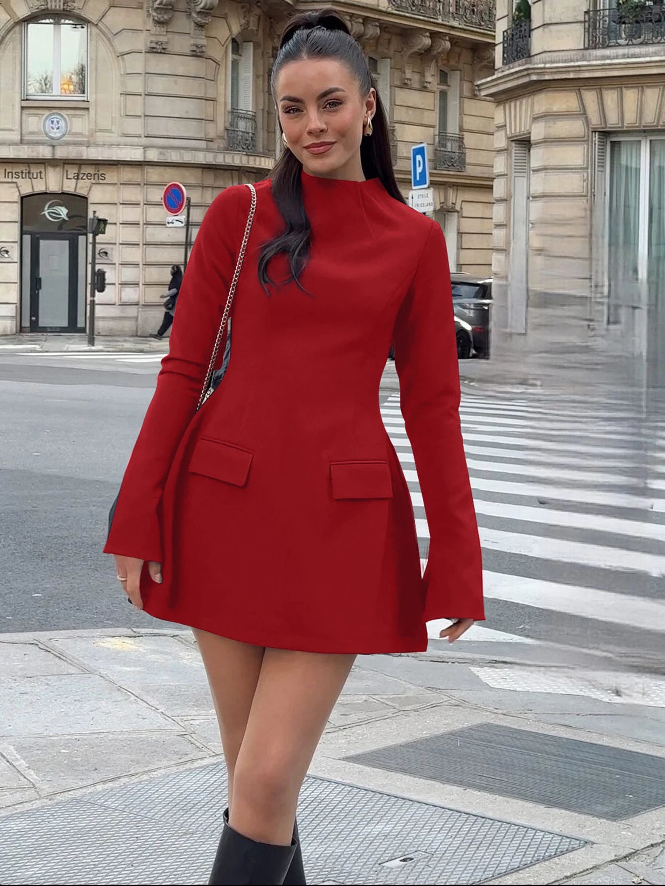 Dulzura Long Sleeves Zipper Bodycon Mini Dress With Pocket Solid Elegant Outfit Office Streetwear Women’S Autumn Winter Clothes