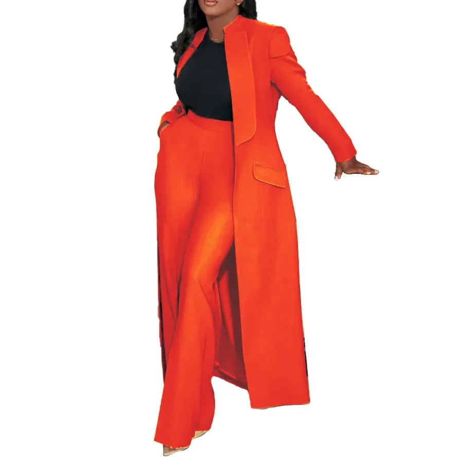 Women's Set Full Sleeve X-Long Blazer Coat+ Long Pant Suit 2025 Spring Streetwear Two 2 Piece Set Africa OL Work Outfits