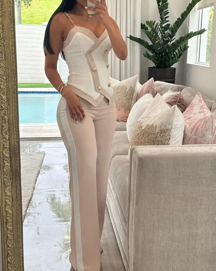 2 Piece Sets Women Outfit Sexy One Shoulder Ruched Top & Casual Straight Leg Pants Suits for Female Spring 2024 Fashion New