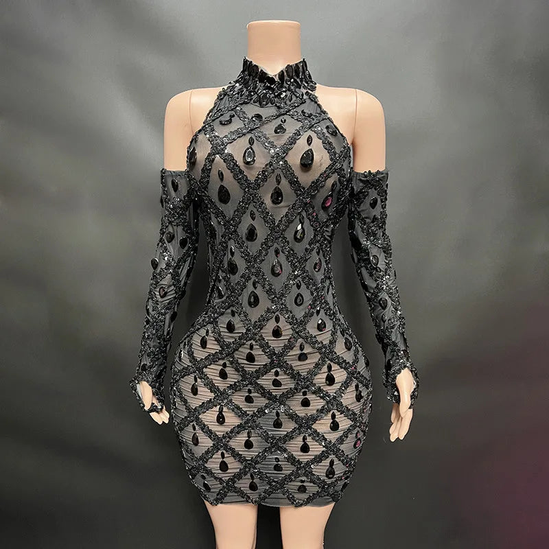 High Quality Sparkling Rainestone Sexy Bodycon Mini Dress Birthday Celebrate Evening Party Dress