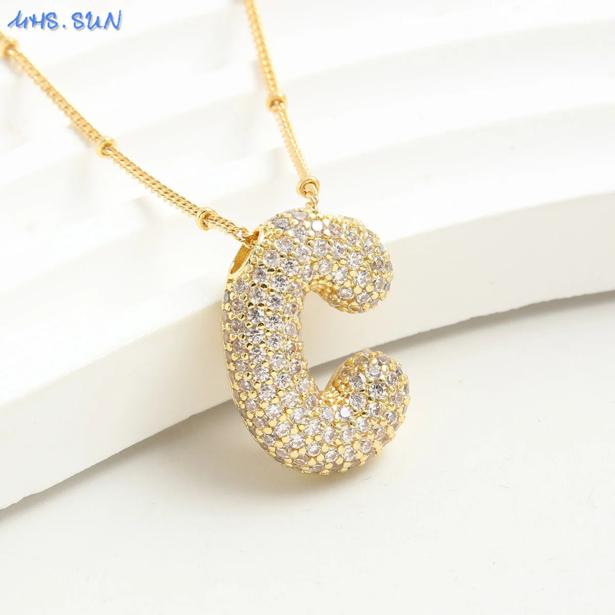 SUNSLL Cubic Zircon A-Z 26 Bubble Letter Necklace 2 Sizes Gold Plated M Chunky Balloon Initials Pendant Women Chain Jewelry 2024