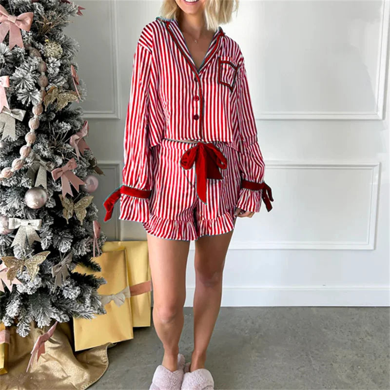 Striped Loungewear Christmas Pajamas Shorts Set Women Y2k Cute Bow Tie Pjs Button Up Shirt+Ruffle Shorts 2 Piece Sleepwear
