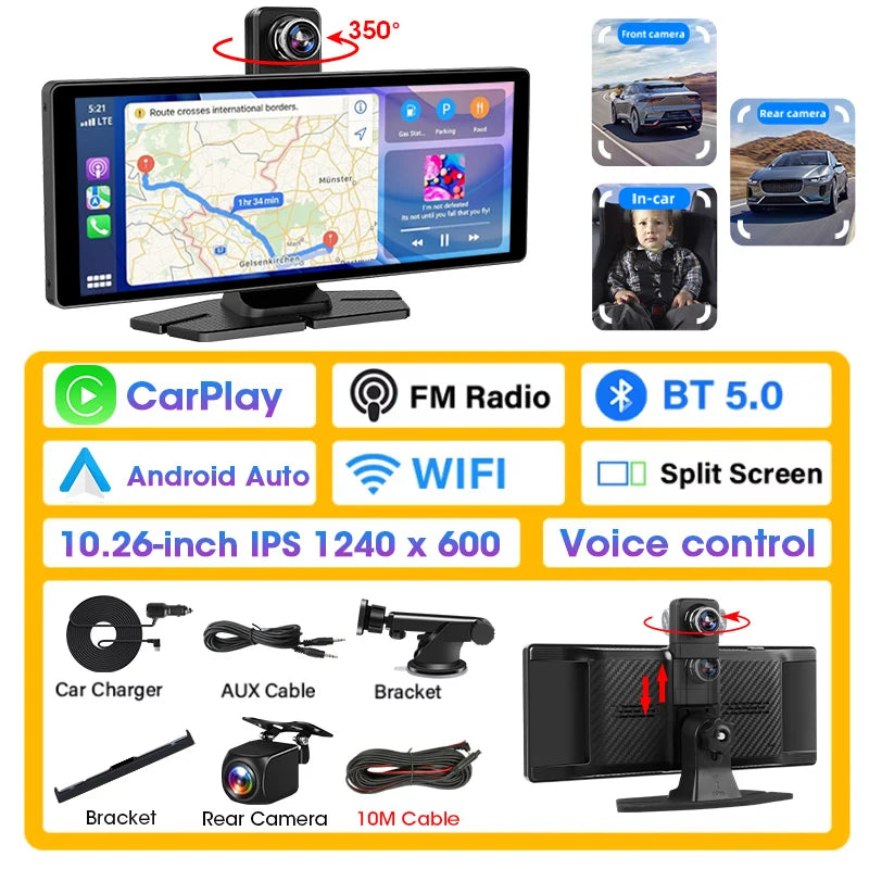 Develuck 10.26" Car DVR 350° Adjustable Carplay Android Auto Dash cam 4K Front&1080P Rear Camera Voice Control WIFI Dual lens FM