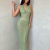 Sexy Halter Deep V Neck Sequins Maxi Dress Women Green Sleeveless Backless Sequined Slim Long Dresses Celebrity Party Gowns