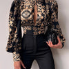 Spring Women Sexy Backless Hollow Print Shirts Tops 2024 Casual Stand Long Sleeve Office Lady Blouses Fashion Party Crop Top