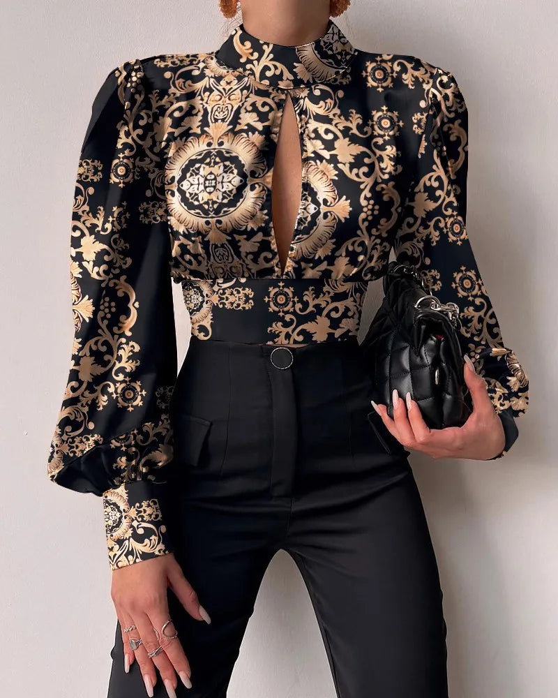 Spring Women Sexy Backless Hollow Print Shirts Tops 2024 Casual Stand Long Sleeve Office Lady Blouses Fashion Party Crop Top