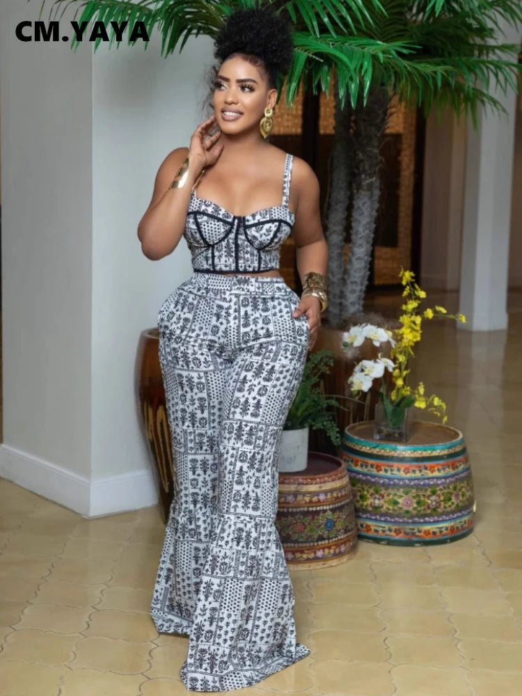 CM.YAYA Women's Set Print Strapless Bra Top and Flare Pants Suits 2025 Summer Street Party Two 2 Piece Sets Outfits Tracksuit