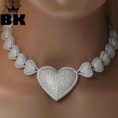 THE BLING KING Iced Out Big Heart Chain Collar Y2K 17mm Choker For Women Girl Micro Paved 5A Cubic Zircon Lovely Wedding Jewelry