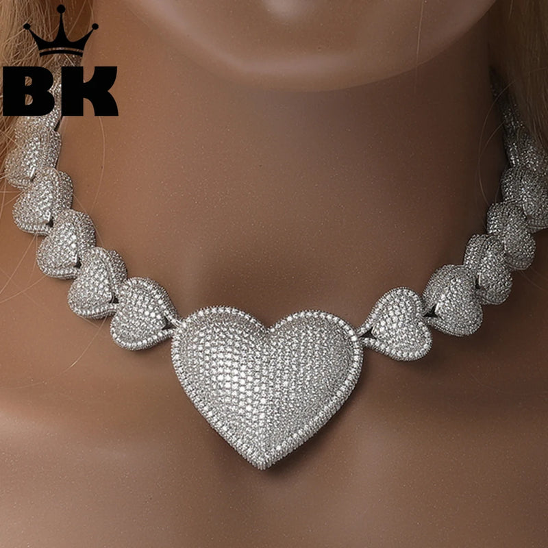 THE BLING KING Iced Out Big Heart Chain Collar Y2K 17mm Choker For Women Girl Micro Paved 5A Cubic Zircon Lovely Wedding Jewelry